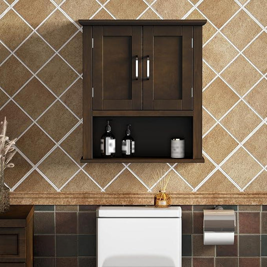 ChooChoo Wood Wall Cabinet with Doors, Medicine Cabinet with Adjustable Shelves Over The Toilet, Rustic Cabinet Wall Mounted for Bathroom, Kitchen, Living Room, Walnut - ModernBath