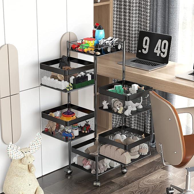 Fruit and Vegetable Basket for Kitchen No Assembly， Rotating Storage Rack,Bathroom Storage Shelf, Kitchen Organizers and Storage Cart on Rolling Wheels(Black, 5 Tier-Square) - ModernBath