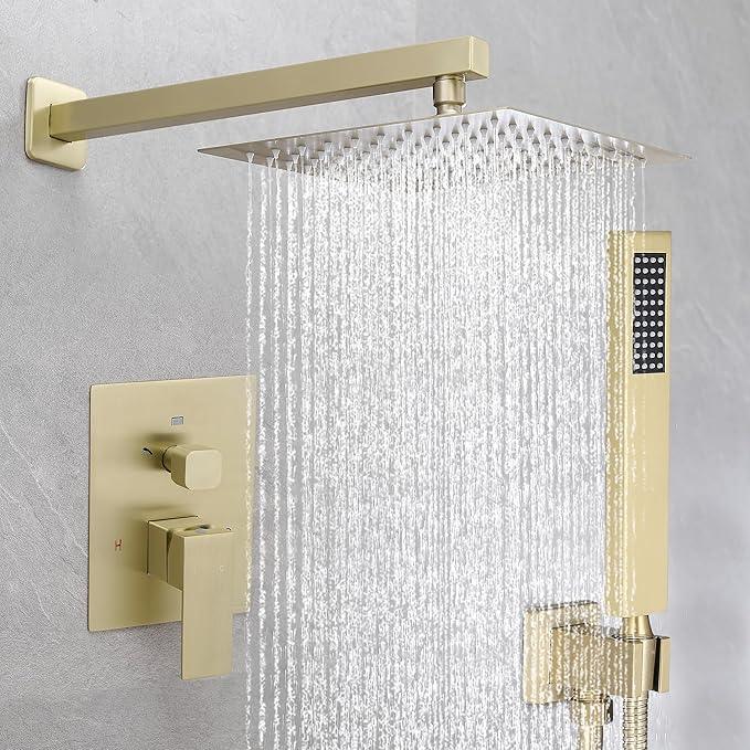 Fransiton Shower Faucet set with Shower head 10 Inches Rainfall Shower Head and Handle Set Single Handle Wall Mounted Shower System Set with Female Threads Valve Body(10", Brushed Gold) - ModernBath
