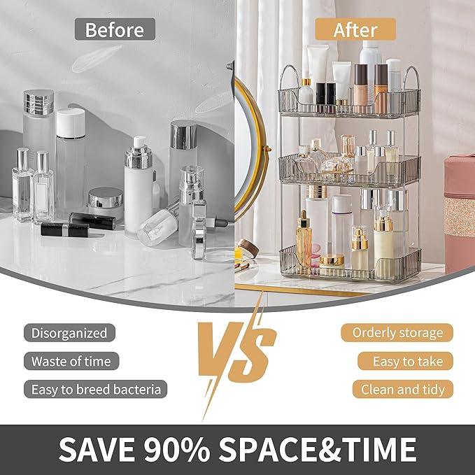 YCIA&DONE Bathroom Organizer Countertop, Makeup Storage, Skincare Cosmetic Tray Shelf, Perfume Holder Rack for Vanity Counter, Large Capacity, Easy to Install, Clean, 3 Tiers, Smoky Gray - ModernBath