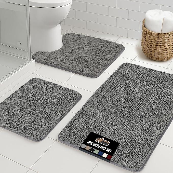 GORILLA GRIP Area Rug Sets 3 Piece, Bath Mat Set and Oval Toilet Base with Rubber Backing, Plush Absorbent Shaggy Chenille Washable Mats, Includes 24x19.5, 24x17 and 30x20 Inch Rugs, Grey - ModernBath