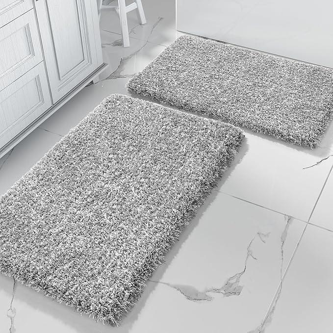 Yimobra Bathroom Rug Set 2 Piece, Soft Absorbent Microfiber Bath Mat Set, Non Slip Machine Washable Dry, Plush Shaggy Shower Rugs for Bathroom Floor, 32"x20"+24"x17", Light Gray and White - ModernBath