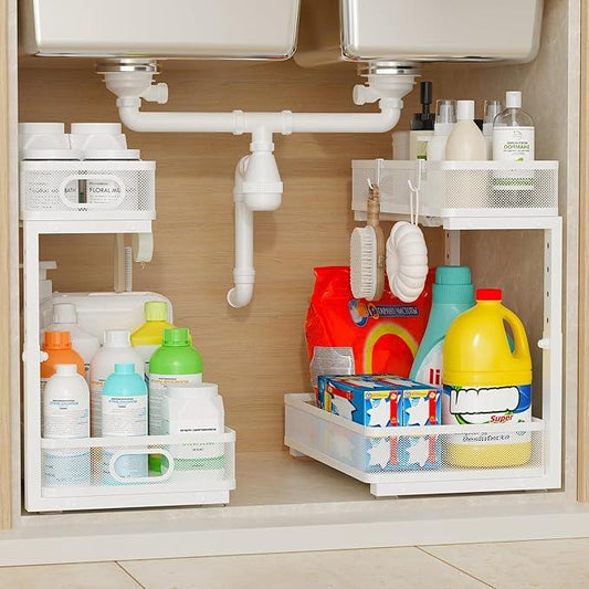 Under Sink Organizer 2 Pack, 2-Tier Slide Out Cabinet Organizer with Metal Sliding Drawer and Hooks, Pull Out Storage Baskets for Kitchen Bathroom Pantry Cabinet Organization (White) - ModernBath