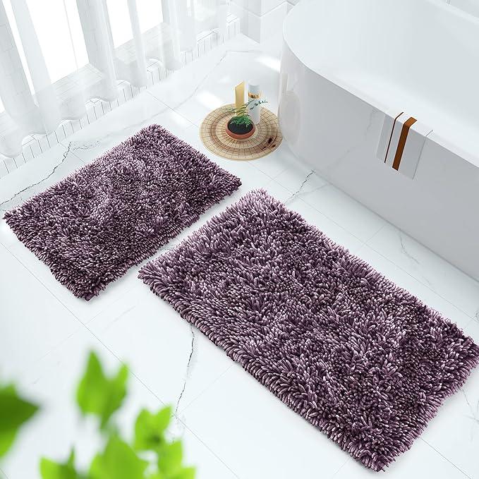 Yimobra Bathroom Rug Set 2 Piece, Luxury Shaggy Bath Mat Set with Non Slip Backing, Ultra Soft & Absorbent Mats for Bathroom Floor, Machine Washable, 44"x24"+24"x17", Dark Purple - ModernBath