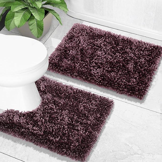 Yimobra Toilet Rugs U Shaped Washable, Extra Thick Soft Absorbent Chenille Contour Bathroom Rugs for Toilet 24x20 Inch, Quick Dry Non Slip Toilet Mat for Bath Floor, Purple Grey - ModernBath