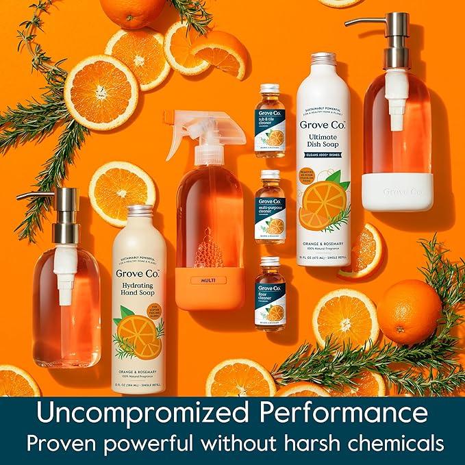 Grove Co. Hydrating Gel Hand Soap Refills (2 x 13 Fl Oz) + 1 x Reusable Glass Soap Dispenser, Plastic-Free & Liquid Refillable Starter Kit, Natural Orange & Rosemary Fragrance - ModernBath