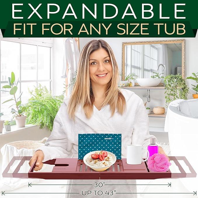 SereneLife Premium Bathtub Tray Caddy with Gift Box and Bow Set, Expandable Bath Tray, Unique House Warming Gifts for Mom, Women, Wedding, Anniversary, Bridal Shower, Fit for All Tub - Stain Brown - ModernBath