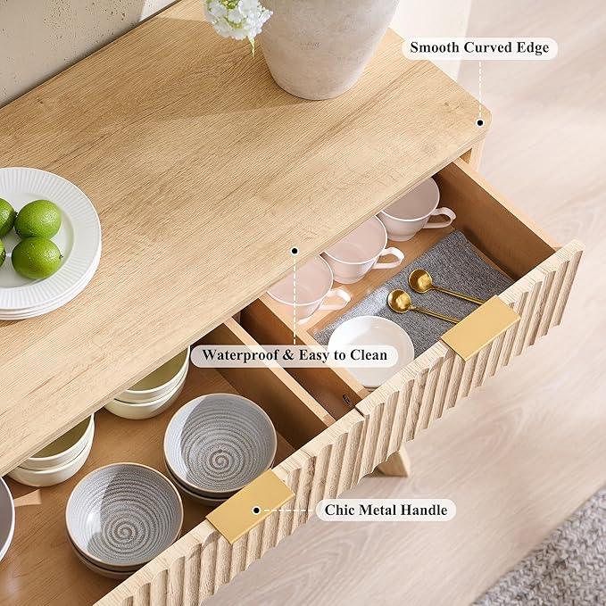 OKD Fluted Storage Cabinet with Drawers, 60" Morden Buffet Sideboard Coffee Bar Cabinet with 4 Doors and 3 Drawers for Dining Room, Living Room,Hallway (Natural Oak) - ModernBath