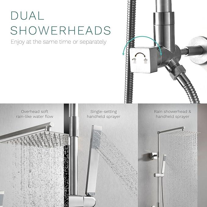 Fennocasa Polaris Lux Rain Shower System, includes 10” Square Rainfall Shower Head and Handheld Shower Combo, Height Adjustable Spray Holder, Retrofit, 60” Hose (2.5 GPM Brushed Nickel) - ModernBath