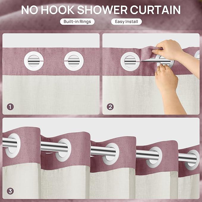 Blush Pink No Hooks Linen Shower Curtain with Snap in Liner Set Rustic Farmhouse Shower Curtains for Bathroom Cream Burlap Cloth Double Bath Curtains with See Through Top Window 72x75 - ModernBath