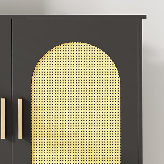 Homhedy 67" H Over The Toilet Storage Cabinet, Boho Bathroom Organizer with Rattan Decorated Doors, Adjustable Shelves, Toilet Paper Holder, Space-Saving Bathroom Shelf, Natural and Black - ModernBath