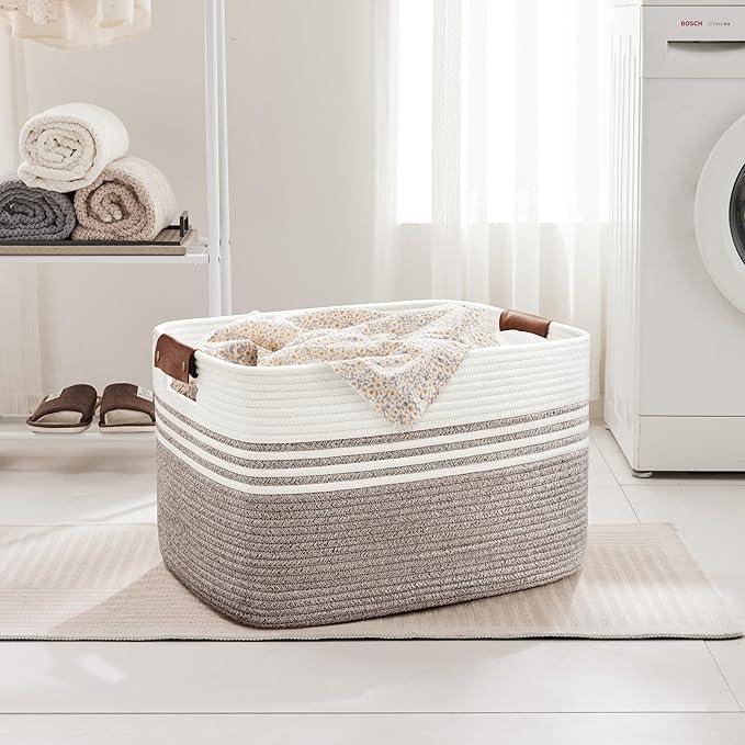 86L Extra Large Laundry Basket with Leather Handles for Living Room Storage, Woven Rope Baskets for Blanket, Kids Toy, Gifts, Wicker Hamper for Bedroom Dirty Clothes, 24"x16"x14" Dark Brown - ModernBath