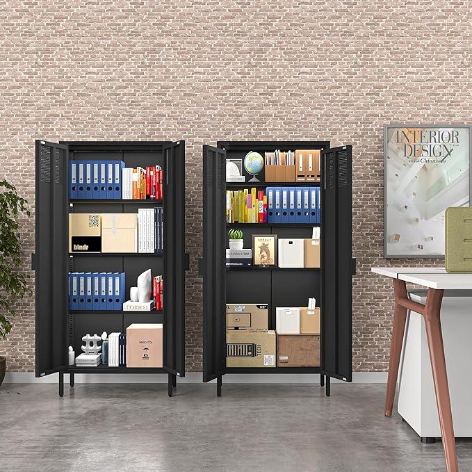 COFaR 4 Tier Black Metal Storage Cabinet, Free Standing with 2 Doors, 3 Adjustable Shelves and Legs, Cupboard Metal Cabinet for Living Room, Kitchen, Dining Room, Office - ModernBath