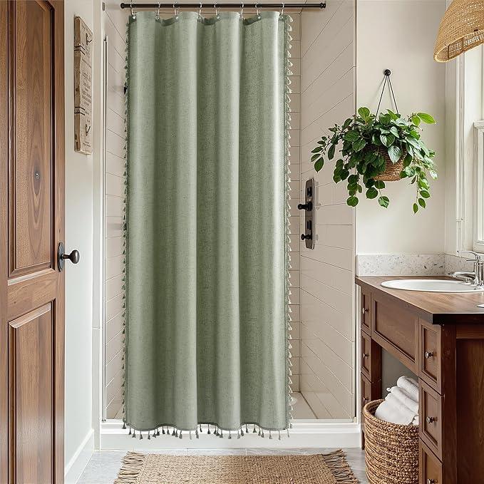 Nanspring Stall Sage Green Boho Linen Shower Curtain 42 Inches Long Weighted Tassel Stall Shower Curtain Set with Hooks Modern Vintage Country Bath Curtain for RV Camper Small Bathroom 42x72, Green - ModernBath
