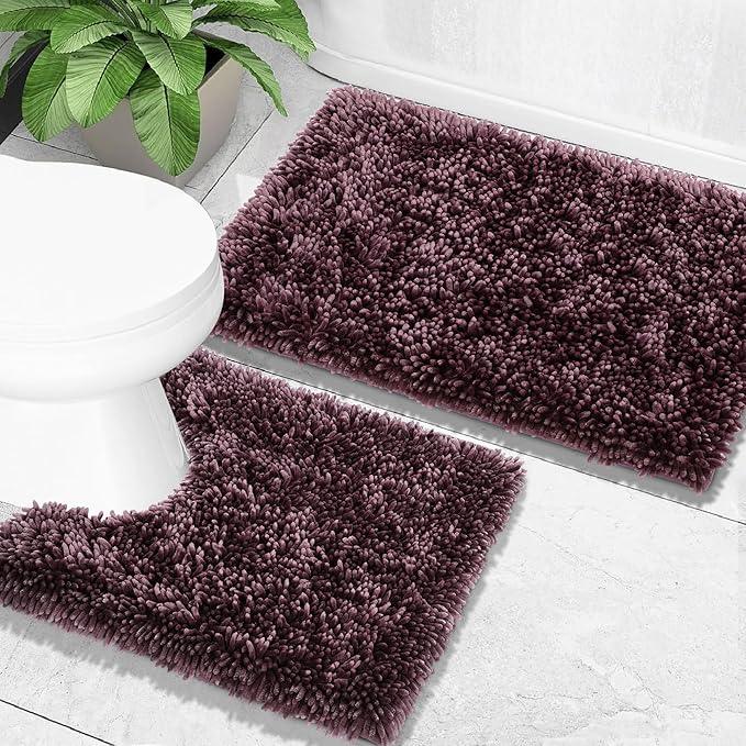 Yimobra Bathroom Rugs Sets 2 Piece, Soft Absorbent Bath Mat and U-Shaped Toilet Rug with Non Slip Backing, Luxury Shaggy Bath Mats for Bathroom, Machine Washable, 31.5"x20"+24"x20", Dark Purple - ModernBath