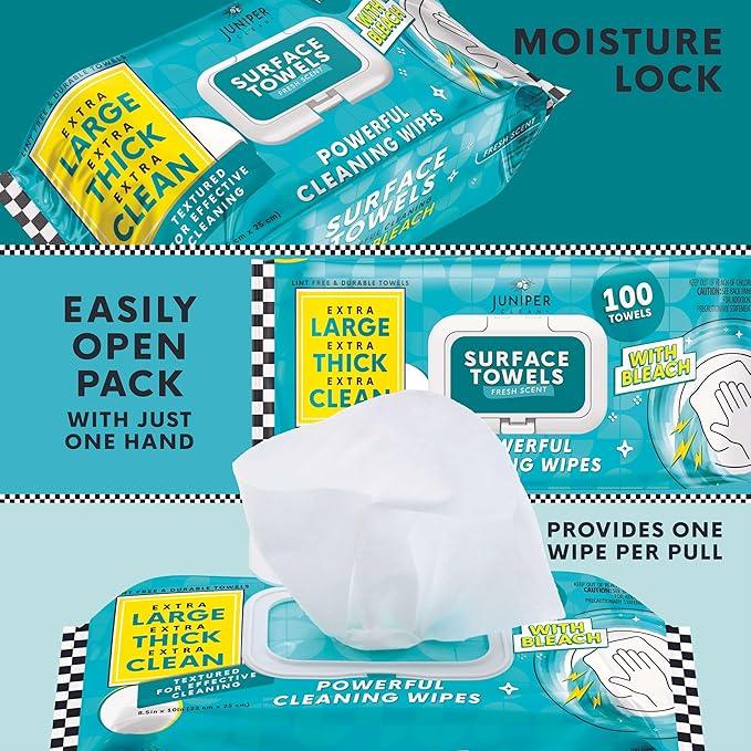 Juniper CLEAN Single Surface Wipes with Bleach, Thick & Large Dispose, All-Purpose Cleaner for Bathroom, Kitchen, Office, 100 Count Soft Flow, Biodegradable, Fresh Scent - ModernBath