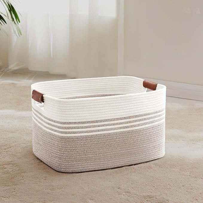 45L Small Laundry Basket with Leather Handles for Living Room Storage, Woven Rope Baskets Bin for Blanket, Kids Toy, Gifts, Wicker Hamper for Bedroom Dirty Clothes, 18"x14"x11" White Brown - ModernBath