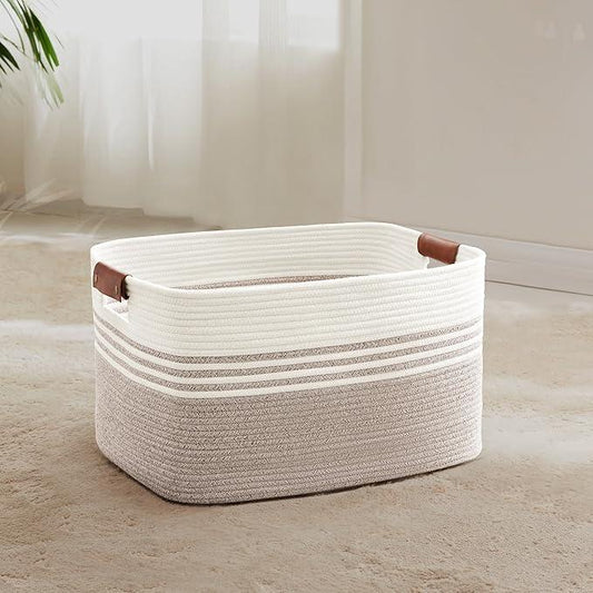 45L Small Laundry Basket with Leather Handles for Living Room Storage, Woven Rope Baskets Bin for Blanket, Kids Toy, Gifts, Wicker Hamper for Bedroom Dirty Clothes, 18"x14"x11" White Brown - ModernBath