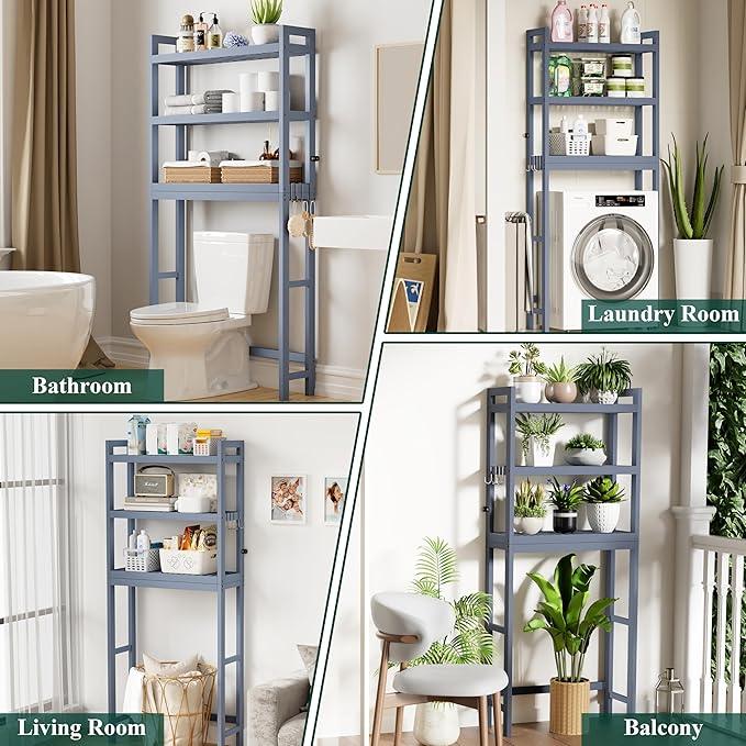 Smiry Over The Toilet Storage Cabinet, 3-Tier Bamboo Bathroom Organizers with Adjustable Shelf & 4 Hooks, Space Saving Shelf Rack for Bathrooms, Laundry Room, Balcony, Grey - ModernBath