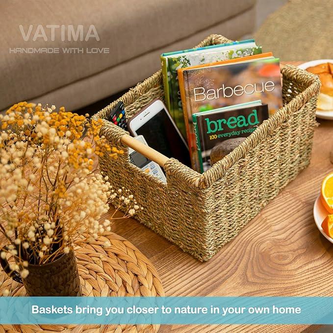 Natural Seagrass Basket with Wooden Handle, Medium Rectuangular Wicker Basket for Living Room 12.2 x 8.9 x 6.7 inches - 3 Pack - ModernBath