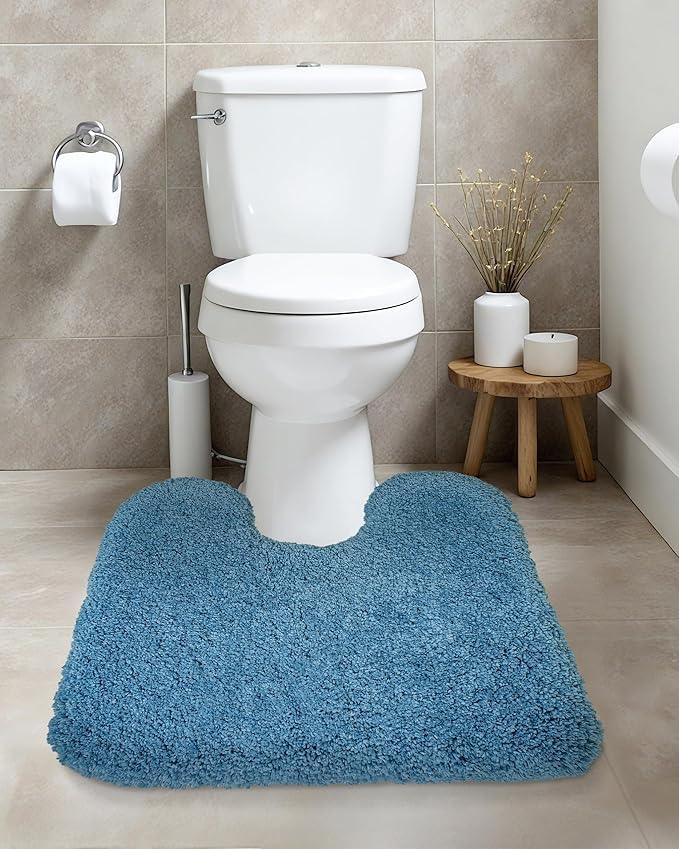 ILANGO Blue Toilet Rugs U Shaped 22" × 24" Non Slip & Super Absorbent Extra Thick Soft, Washable Bath Mats for Bathroom Floor, Microfiber Plush Shaggy Contour Bath Rugs for Toilet,Dry Quick - ModernBath