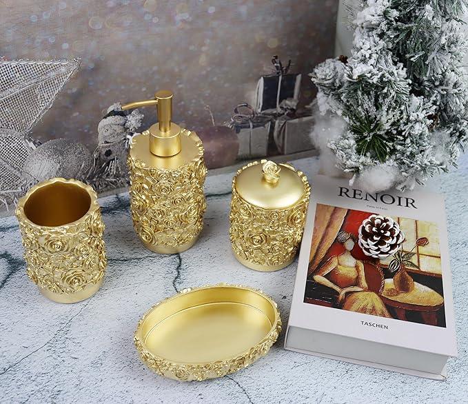 Hymmah Gold Bathroom Accessories Set,Rose Design Bathroom Set,Farmhouse Bathroom Decor,4 Pcs Resin Gift Set Apartment Necessities, Contain Cotton Swab Jar,Soap Dispenser,Soap Dish,Tumbler White - ModernBath
