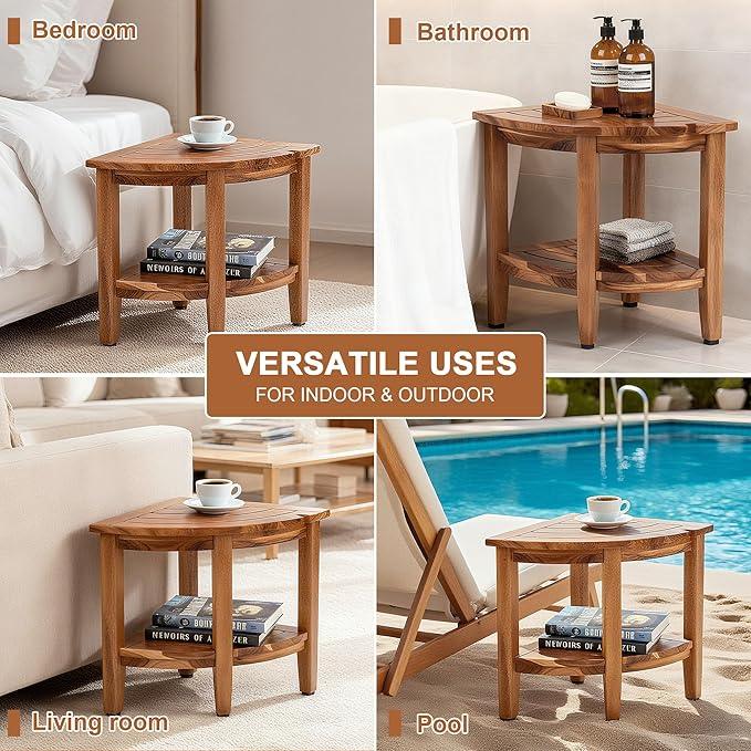 Jekruiet 18" Teak Corner Shower Stool, 2-Tier Teak Shower Bench with Storage Shelf, Adjustable Non-Slip Feet - ModernBath