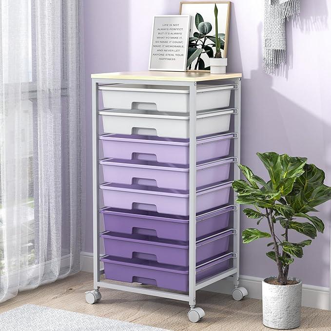 Rolling Cart with Drawers,Utility Cart With 8 Drawers and Wooden Tabletop for Living Room,Classroom,Bedroom,Bathroom,Dorm,Office,Purple - ModernBath