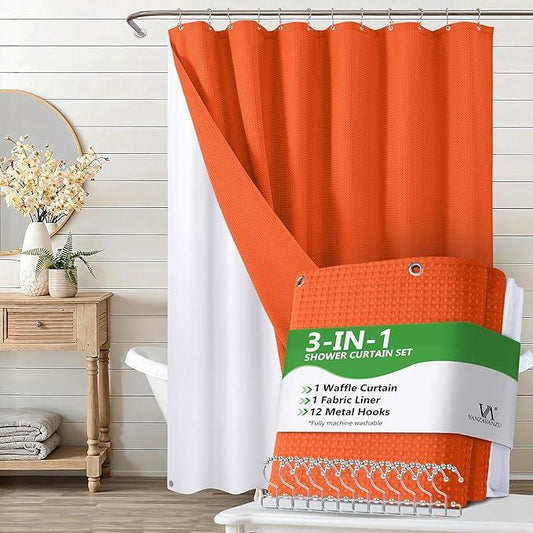 Luxury 3 in 1 Shower Curtain Set 3D Textured Waffle Weave Bathroom Curtain with Waterproof SGS Certified Fabric Liner & 12 Anti-Fall Stainless Steel Hooks, Machine Washable 72"x78" (Orange) - ModernBath