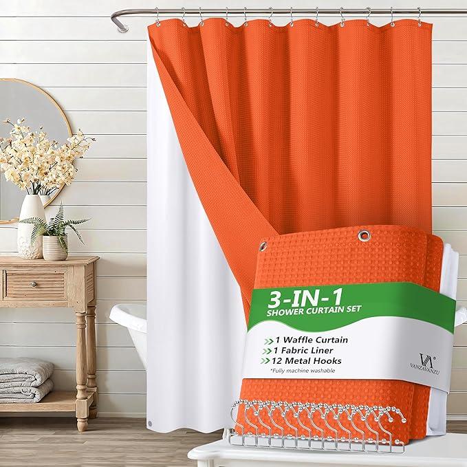 Luxury 3 in 1 Shower Curtain Set 3D Textured Waffle Weave Bathroom Curtain with Waterproof SGS Certified Fabric Liner & 12 Anti-Fall Stainless Steel Hooks, Machine Washable 72"x72" (Orange) - ModernBath