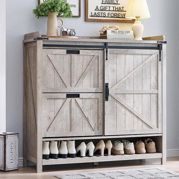 OKD Shoe Storage Cabinet with 2 Flip Drawers & Sliding Door, Farmhouse Entryway Shoe Organizer, Freestanding Rustic Hidden Shoe Rack Cabinet for Entryway, Light Rustic Oak - ModernBath