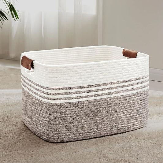 72L Large Laundry Basket with Leather Handles for Living Room Storage, Woven Rope Baskets Bin for Blanket, Kids Toy, Gifts, Wicker Hamper for Bedroom Dirty Clothes, 22"x17"x12" Dark Brown - ModernBath
