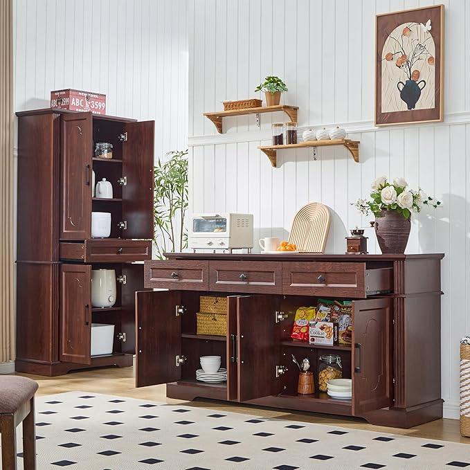 63" Buffet Sideboard Cabinet with 4 Doors and 3 Drawers, Modern Farmhouse Kitchen Storage Cabinet, Coffee Bar Cabinet with Adjustable Shelves, Kitchen Living Room Storage, Dining Room Cherry - ModernBath