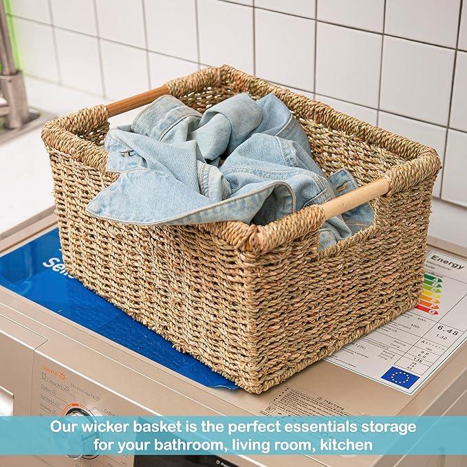 Large Wicker Basket Rectangular with Wooden Handles for Shelves, Seagrass Basket Storage, Natural Baskets for Organizing, Wicker Baskets for Storage - 3 Pack Large - ModernBath