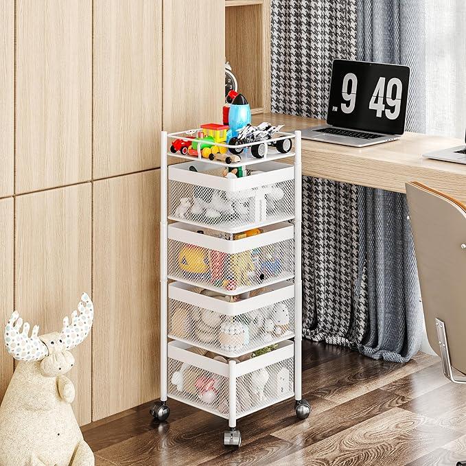 Rotating Kitchen Storage Rack,Fruit and Vegetable Basket Cart,Bathroom Shelf,Kitchen Organization and Storage Rack,Rolling Carts on Wheels(White, 4 Tier-Square) - ModernBath