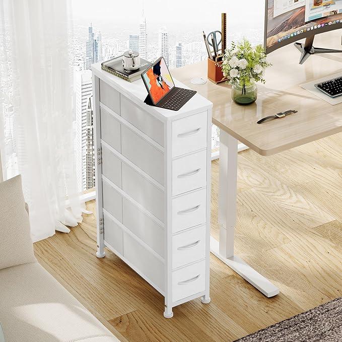 Narrow Dresser Storage Tower with 5 Drawers, Slim Dresser Chest of Drawers with Steel Frame, Wood Top, Dresser for Bedroom, Bathroom, Small Spaces, Laundry, Closet, White - ModernBath