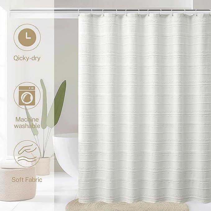 Lameirose Extra Long Farmhouse White Shower Curtain Boho, 72 x 84 Cotton Blend Tufted Weave Waffle Stripe Textured Heavy Duty, Fabric Shower Curtain for Bathroom, Hotel - ModernBath