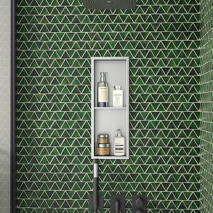 Stainless Steel Shower Niche 24"×8" Brushed with 2-Tier Shelf No Tiled Needed Niche Shower for Bathroom Wall Recessed Shower Box for Bathroom Storage - ModernBath