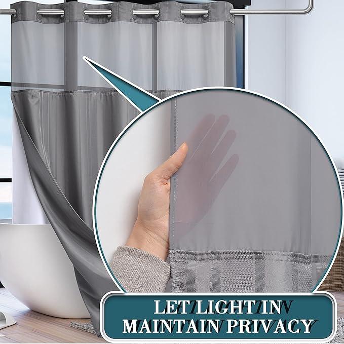 Conbo Mio No Hook Waffle Weave Shower Curtain with Snap in Liner Set, Hotel Luxury Grey Shower Curtains for Bathroom with See Through Top Window, Waterproof, Washable 71W x 74H Stripe - ModernBath