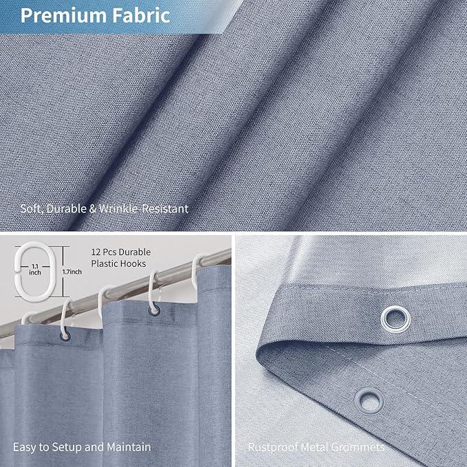 THAIGEE 2-in-1 Waterproof Extra Long Fabric Shower Curtain or Liner,Linen Textured,96 Inch Breathable TPU & Washable Bathroom Shower Curtain Set with 12 Plastic Hooks,Modern,72"x96" Blue Gray - ModernBath