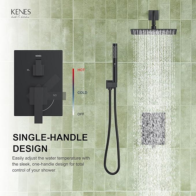 KENES Matte Black Rainfall Bathroom Shower System Rain Shower Head and Handle Set, Shower Faucet Set with 10-Inch Rain Showerhead and Handheld Spray, (Shower Valve Included), LJ-6026A-2 - ModernBath