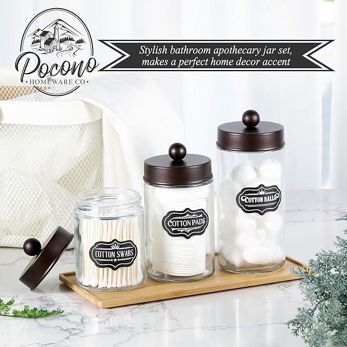 Apothecary Jars 3 Pack - Glass Bathroom Containers with Stainless Steel Lids - Rustic Farmhouse Decor Bathroom Accessories, Vanity Organizer Apothecary Jars for Qtip/Cotton Balls (Bronze) - ModernBath