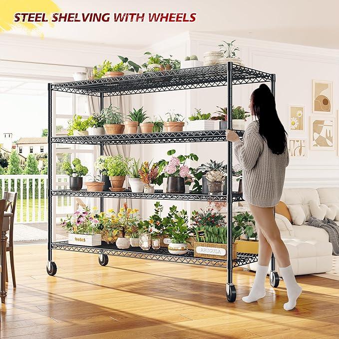 REIBII 55.5''W Storage Shelves 2500LBS Wire Shelving Unit with Wheels Heavy Duty Metal Shelves for Storage Adjustable Garage Storage Rack Pantry Shelf Kitchen Shelving, 75.6" H X 55.5''W X 24" D, 3PCS - ModernBath