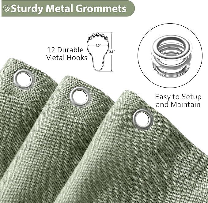 Jowels Sage Green Linen Shower Curtain, Boho Farmhouse Shower Curtain Set for Bathroom, 200GSM Luxury Weighted Water Resistant Fabric Textured Shower Curtains with 12 Metal Hooks, 72Wx78H - ModernBath