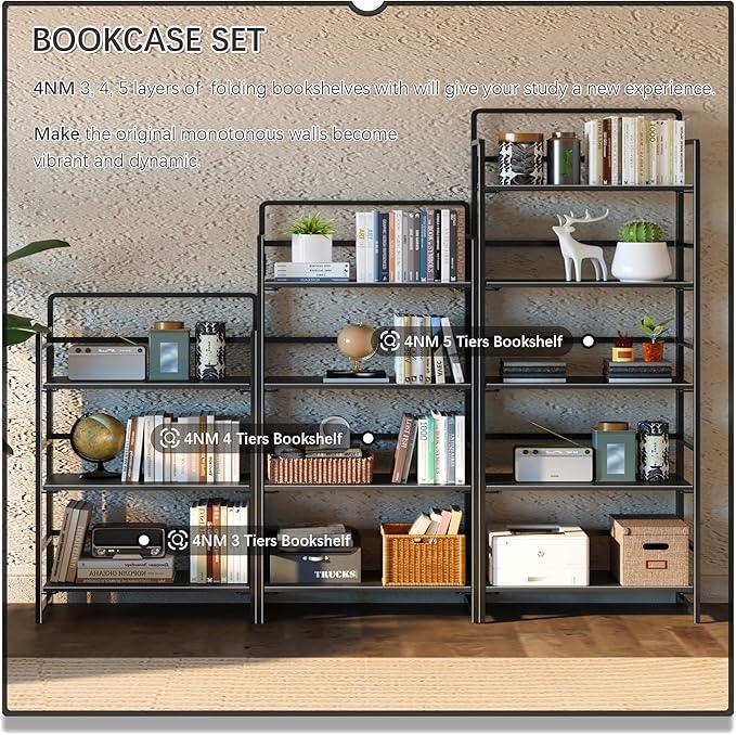4NM No Assembly 5 Tiers Folding Bookshelf Storage Shelves Vintage Bookcase Standing Racks Study Organizer Home Office (All Black) - ModernBath