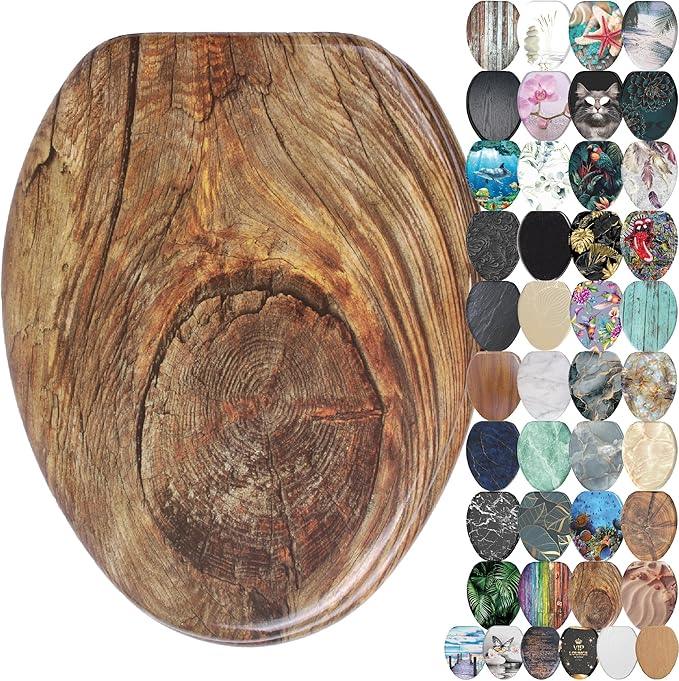 SANILO Wooden Toilet Seat with Soft Close [ELONGATED] - Decorative, Quiet & Slow Close Molded Wood Seat - With Strong Bumpers & Hinges - Adjustable Fit - Rustic - ModernBath