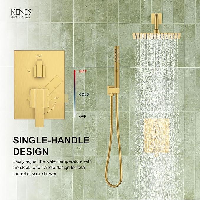KENES Brushed Gold Rainfall Bathroom Shower System Rain Shower Head and Handle Set, Shower Faucet Set with 10-Inch Rain Showerhead and Handheld Spray, (Shower Valve Included), LJ-6026A-4 - ModernBath