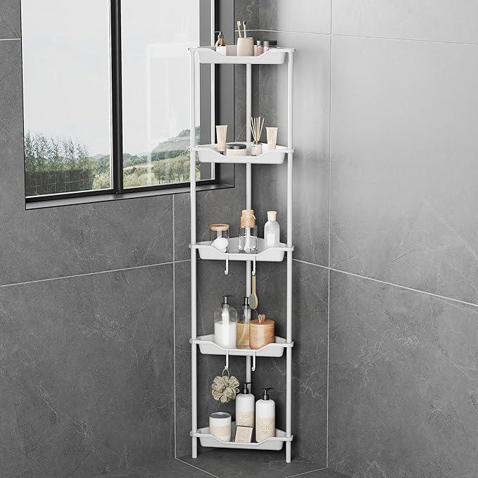 ODesign 5 Tier Floor Standing Corner Shower Caddy Organizer, Plastic Metal Floor Corner Shelf Storage Rack for Bathroom White - Rustproof - ModernBath