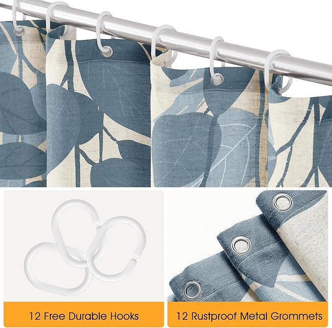 BOODII Blue Eucalyptus Leaves Shower Curtain Set with Hooks Linen Shower Curtain for Bathroom Watercolor Floral Plant Leaf for Bath Natural Waterproof Fabric Bathroom Decor, 72x72 - ModernBath