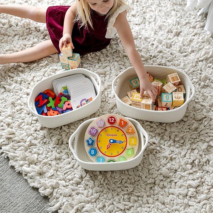 NaturalCozy 5-Piece Rectangle Storage Basket Set- Natural Cotton Rope Woven for Organizing! Small Basket for Montessori, Baby Nursery, Dog Toy Baskets, Cat Toy Box, Bathroom Organization Bin - ModernBath